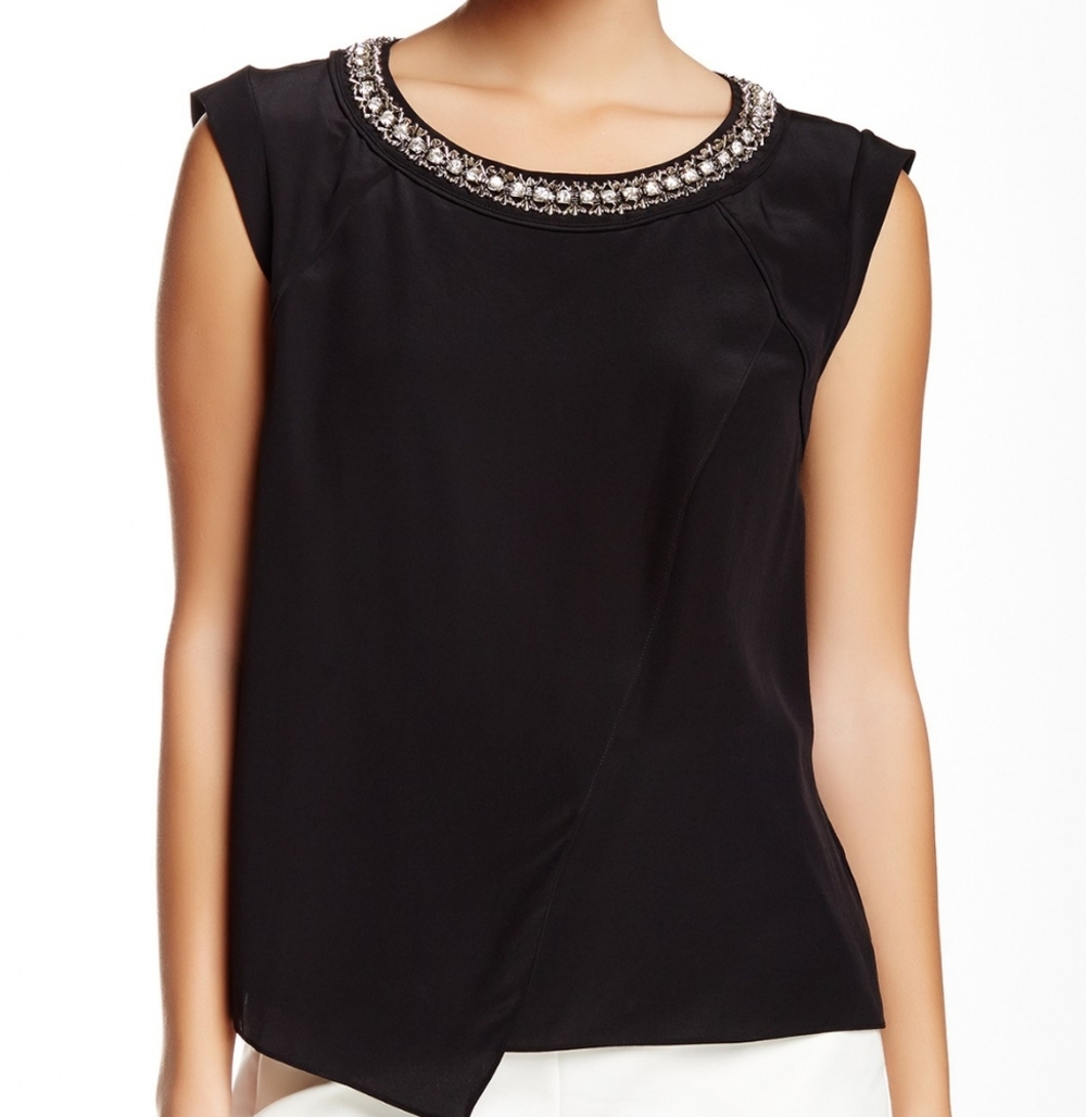 Rebecca Taylor 0 Embellished Neck Blac Silk Blouse